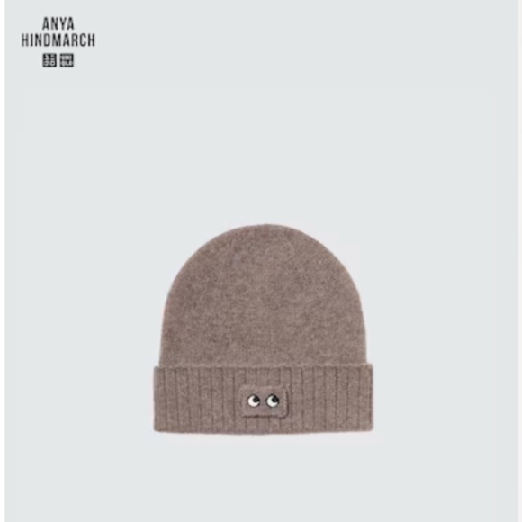 Anya Hindmarch Uniqlo collab brown 100% cashmere knitted beanie hat tuque NWT - Picture 1 of 8